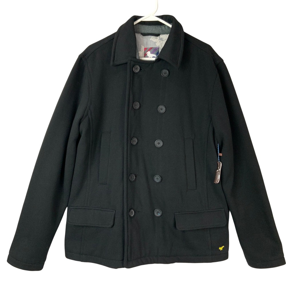Modern Amusement Black Pea Coat Large Button Up Collared Long Sleeve Bird Logo